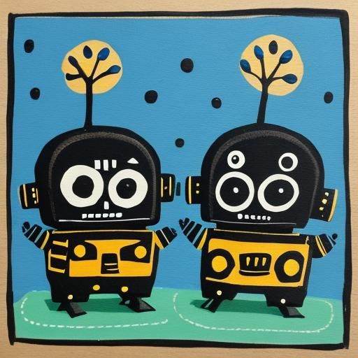 Warli Painting of Cute Robots in Gouache