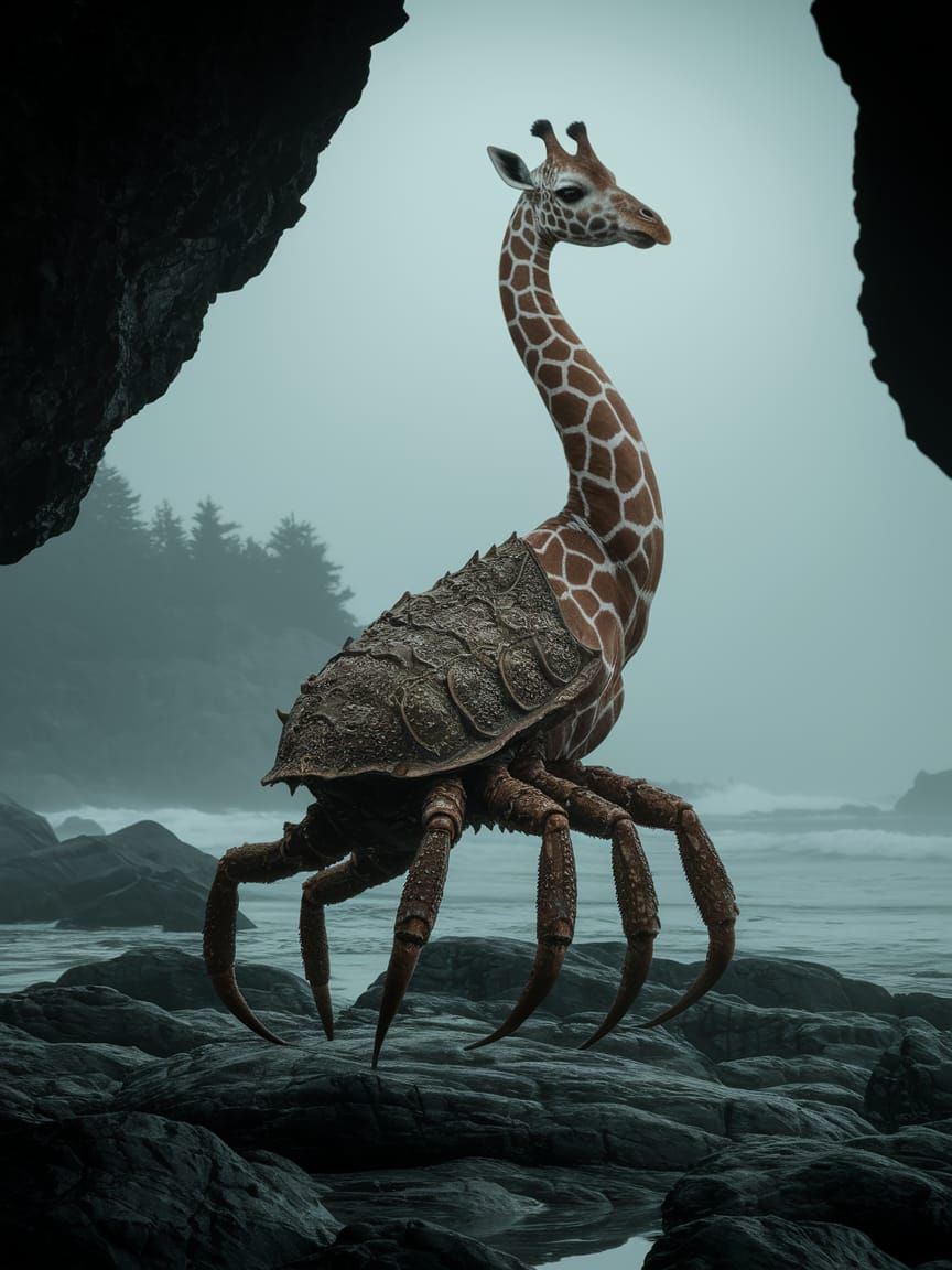 Surreal Giraffe-Crab Hybrid on Rocky Shoreline