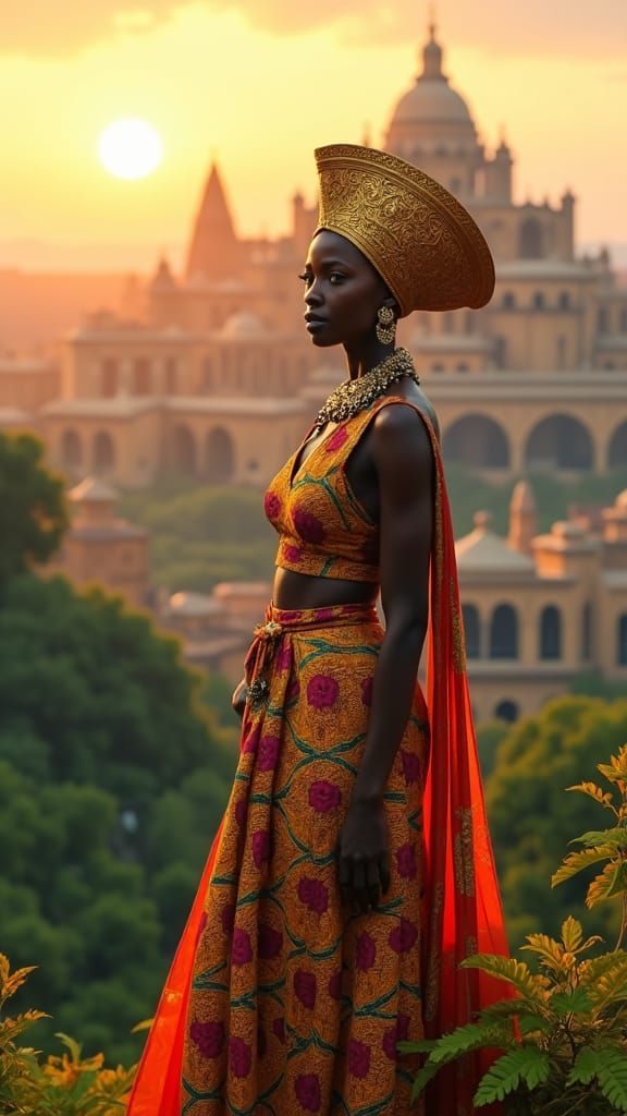 Regal Asante Queen in Futuristic Cityscape
