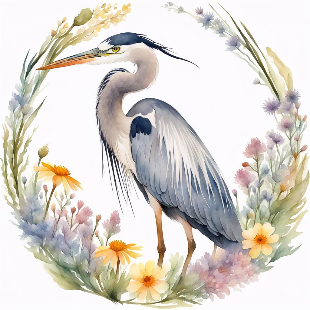 Heron in Watercolor Wreath of Wildflowers