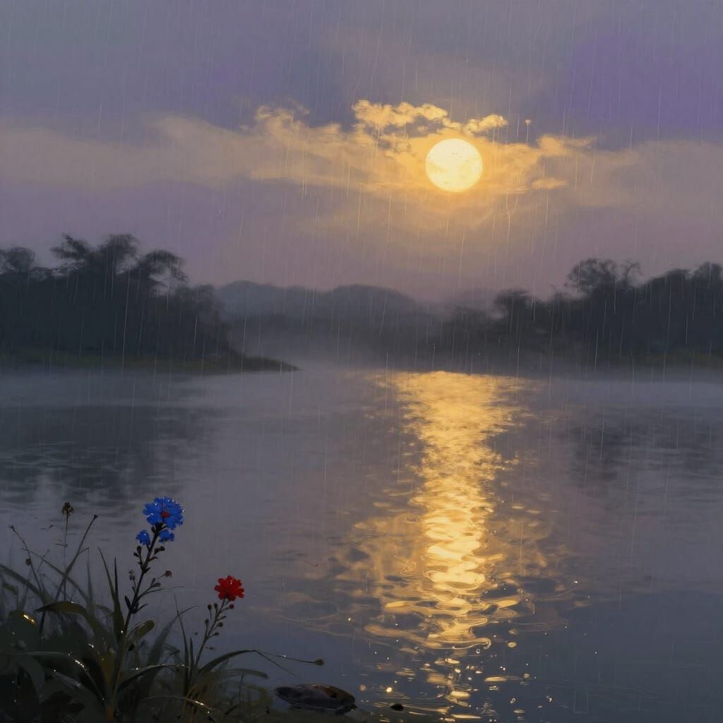 Golden Dawn Over Misty Lake with Sun Rays Like Hair