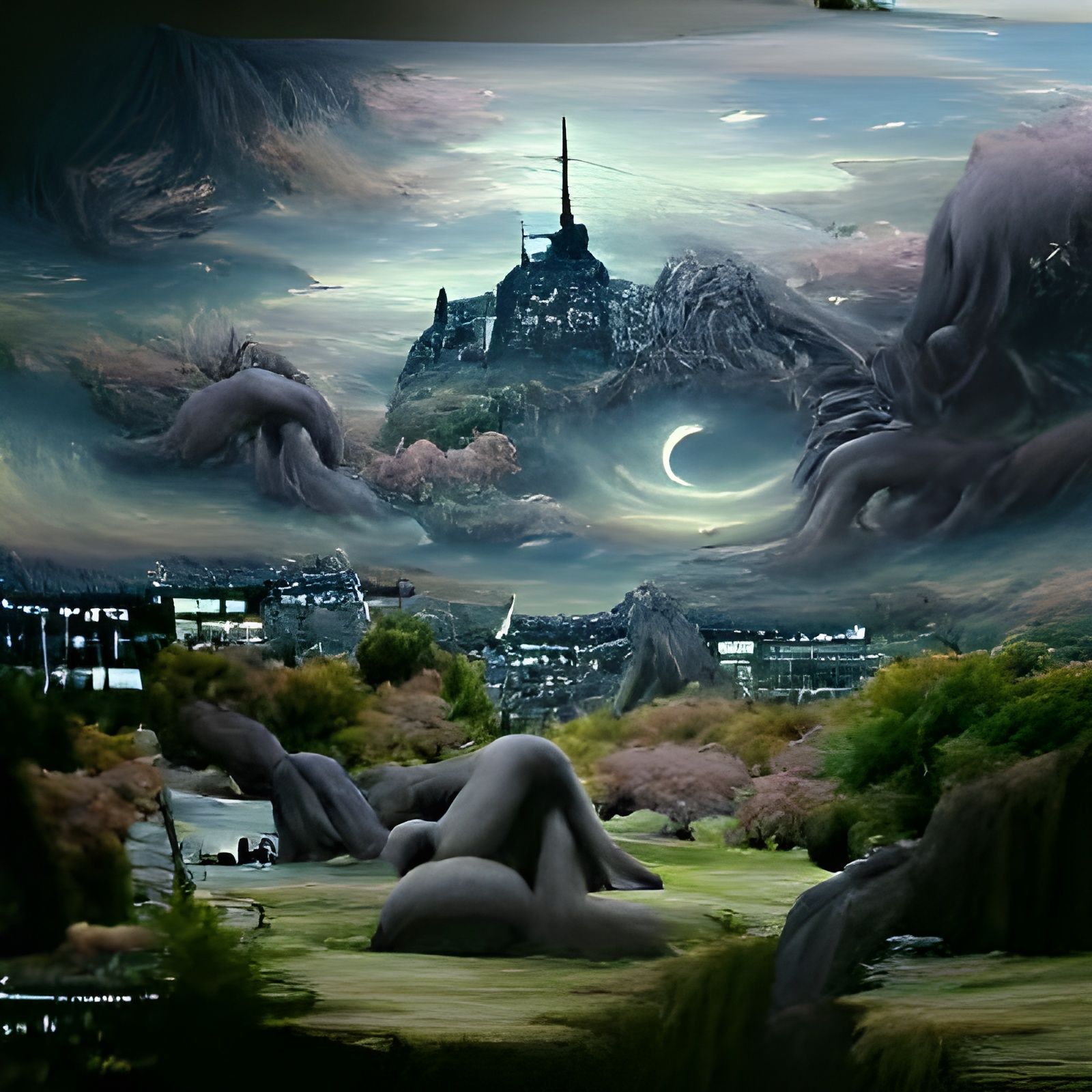 Eldritch Twilight Landscape in Studio Ghibli Style