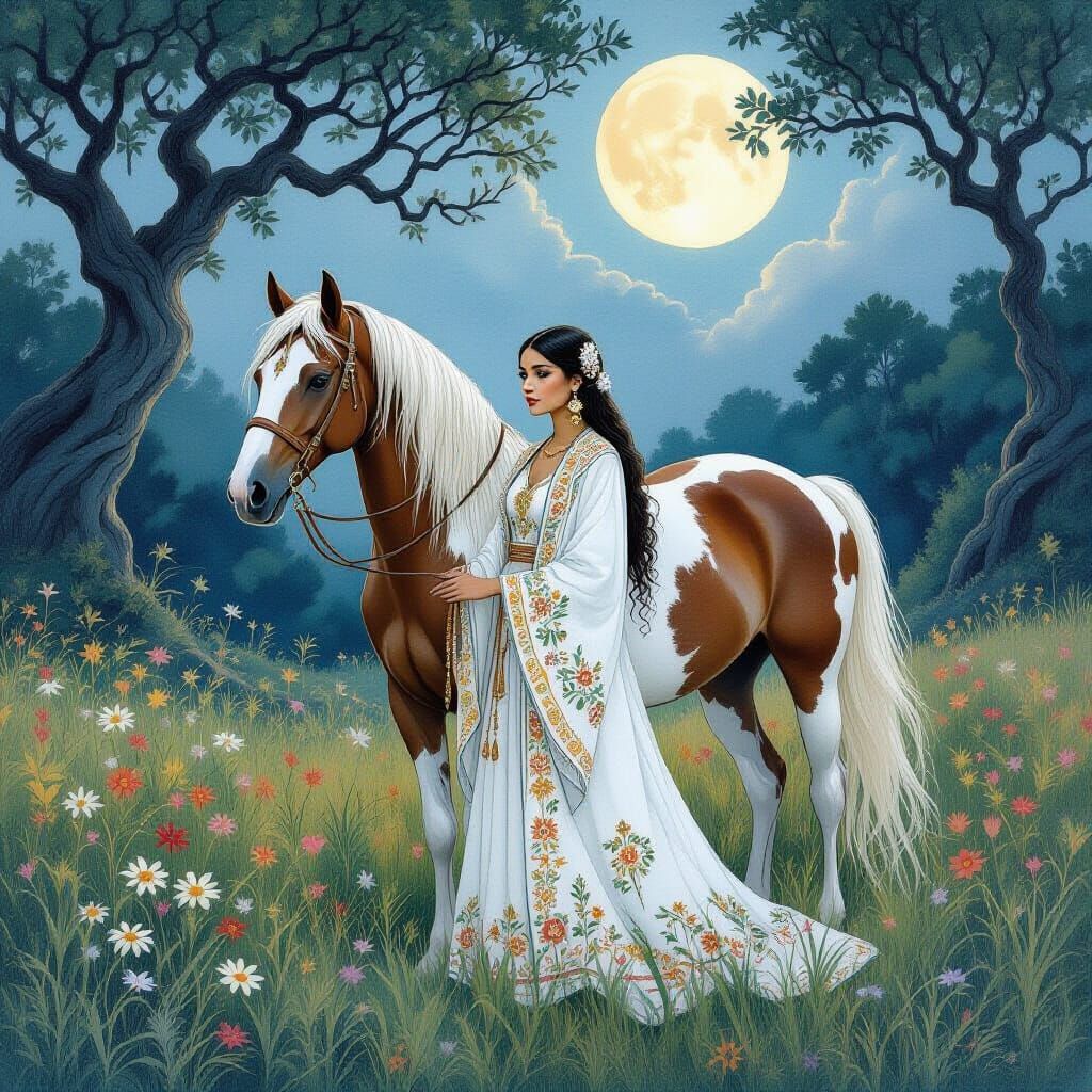 Ethereal Woman and Horse in Magical Twilight Forest