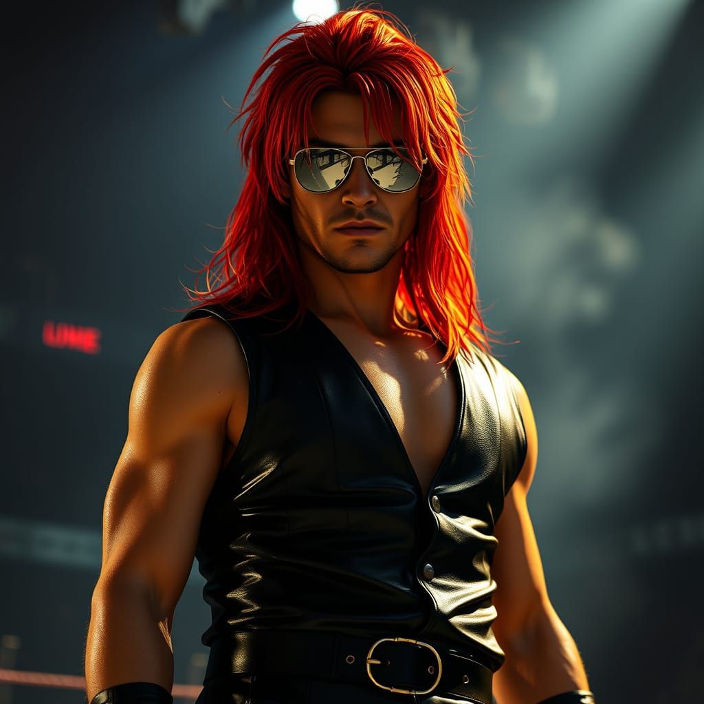 Epic Wrestler in Dark Arena with Red Hair and Silver Sunglas...