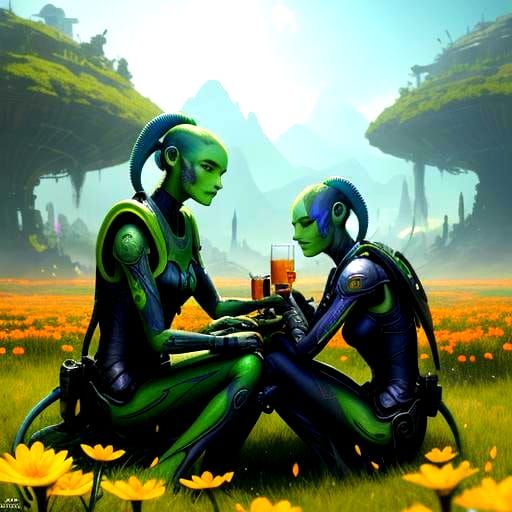 Two Alien Women Enjoying a Beer in Field