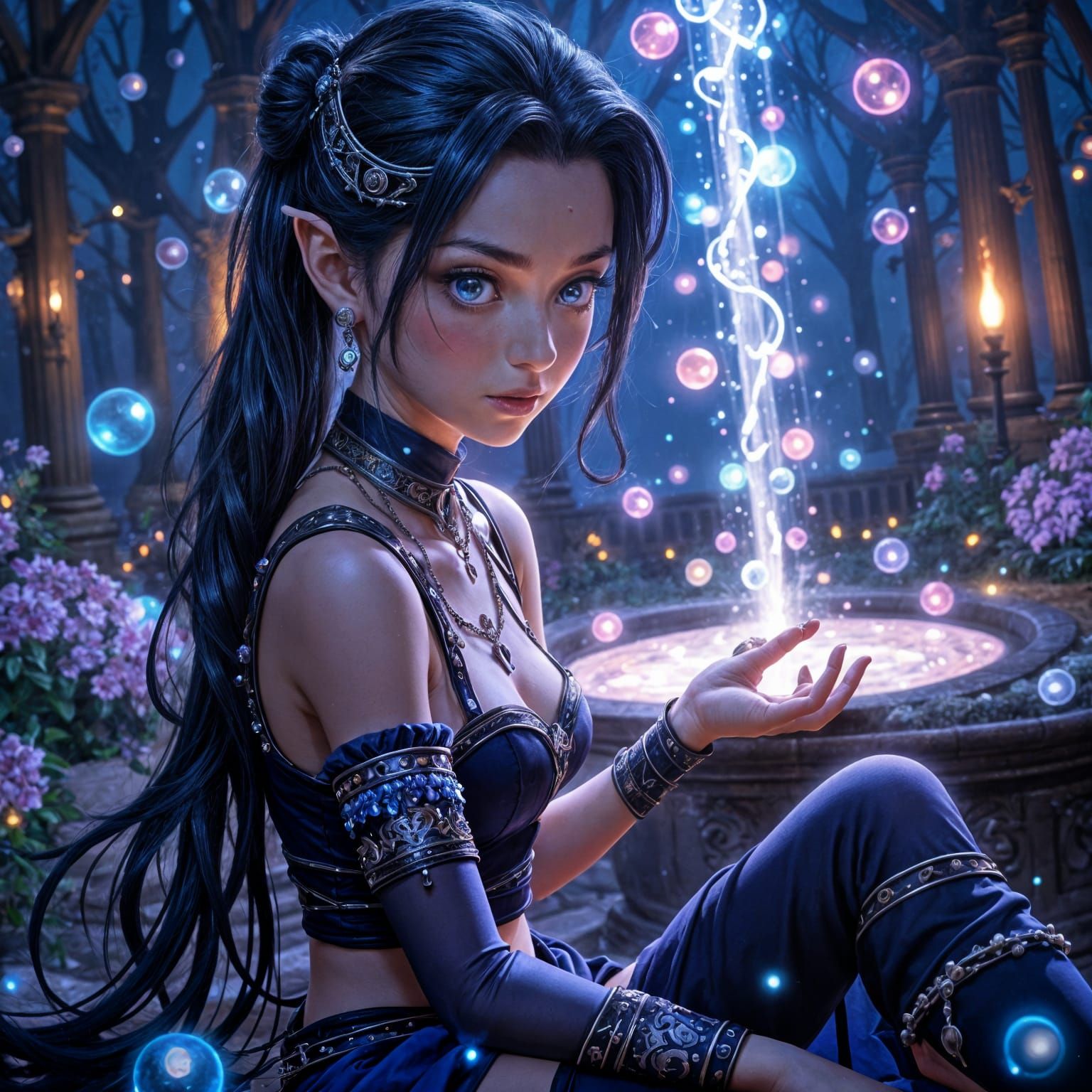 Anime Girl by Magic Fountain with Orb Lights