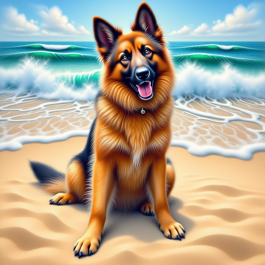 German Shepherd on Serene Beach in Soft Brushstrokes