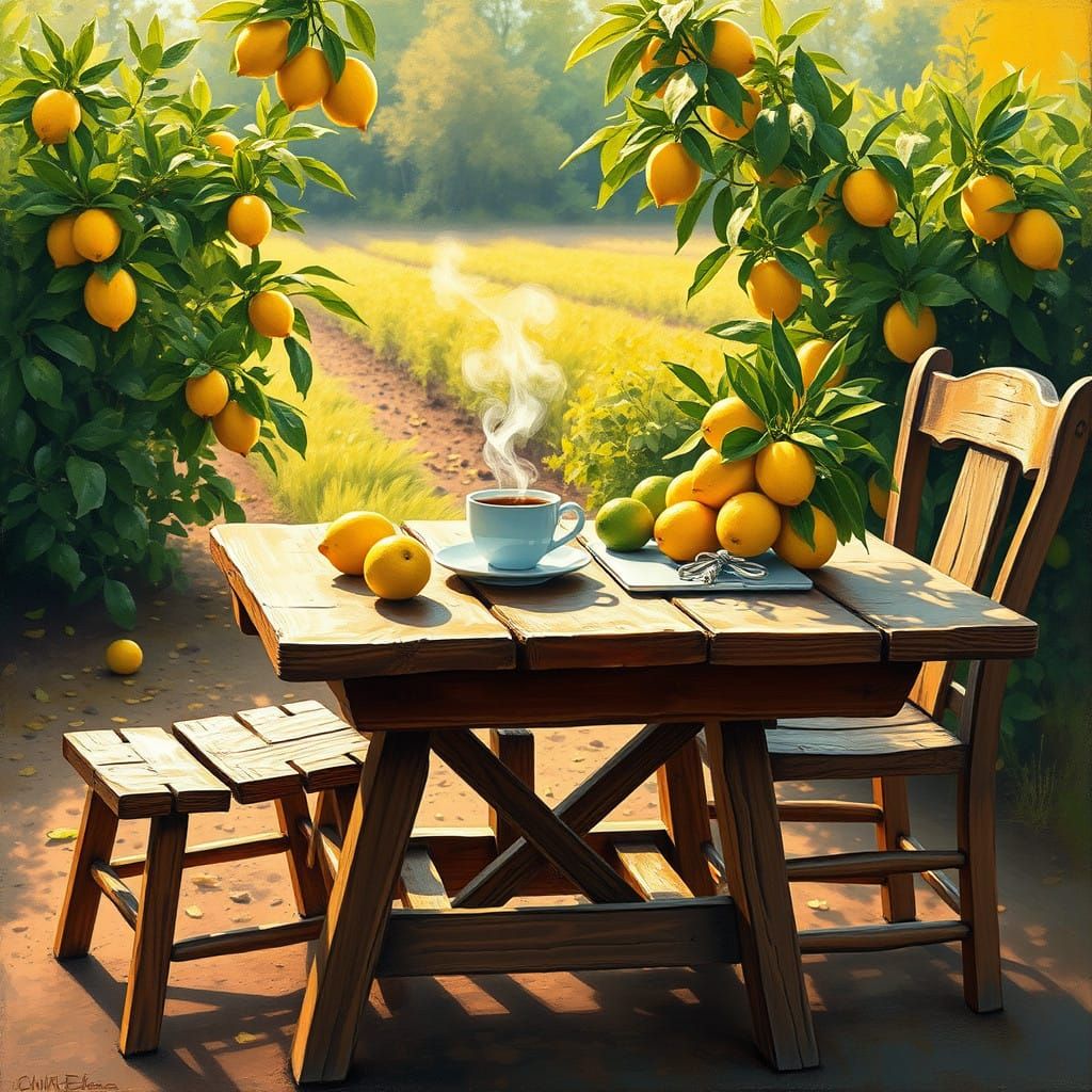 Warm Inviting Lemon Farm Scene in Impasto Style