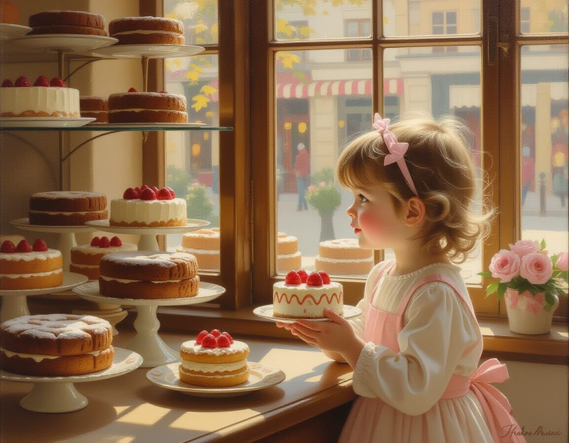 Bakery Window Display in Oil Painting Style