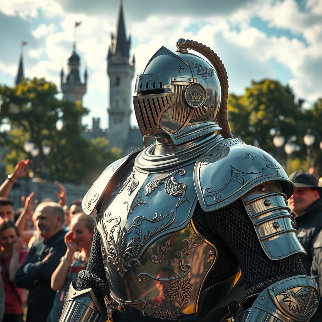 Knight in Chrome Armor Illuminates Majestic Castle Scene