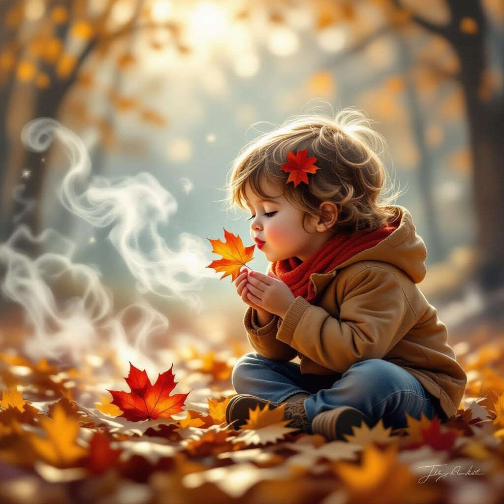 Child Blowing Autumn Leaf in Ethereal Fantasy Style