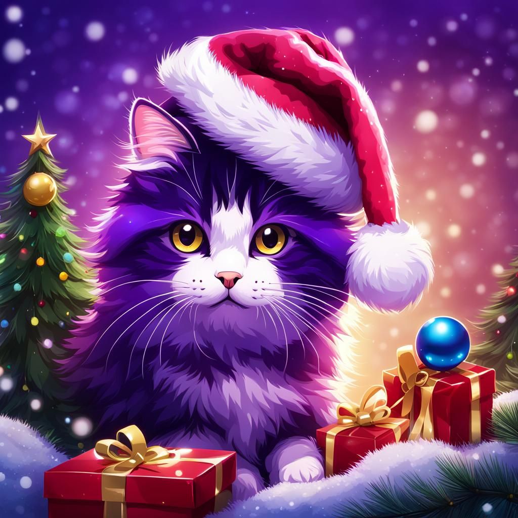 Fluffy Purple Pet in Anime Style with Christmas Hat