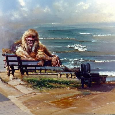 Ape Man Overlooking the Sea as Oil Painting