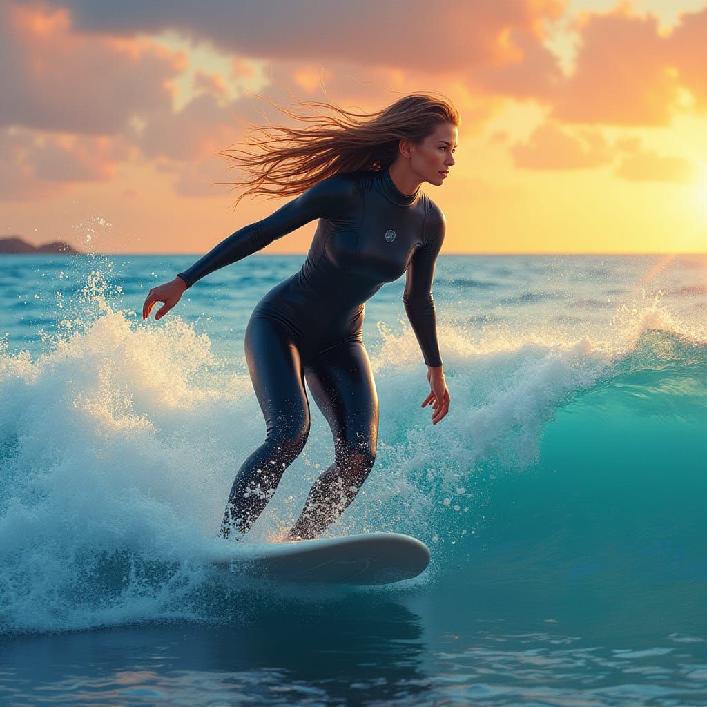 Hyper-Realistic Surfer Girl Rides Blue Wave at Golden Hour