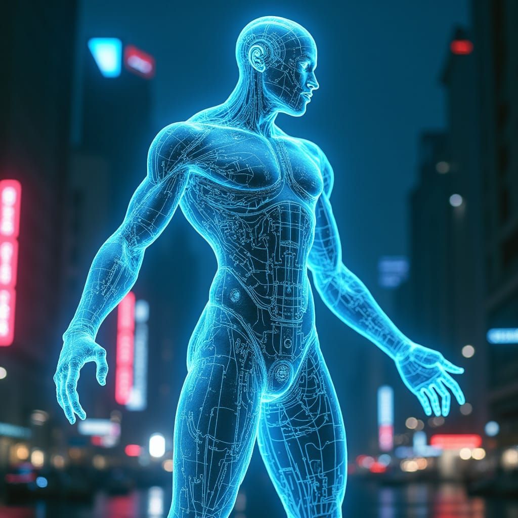 Futuristic Biomechanical Being in Neon Cityscape