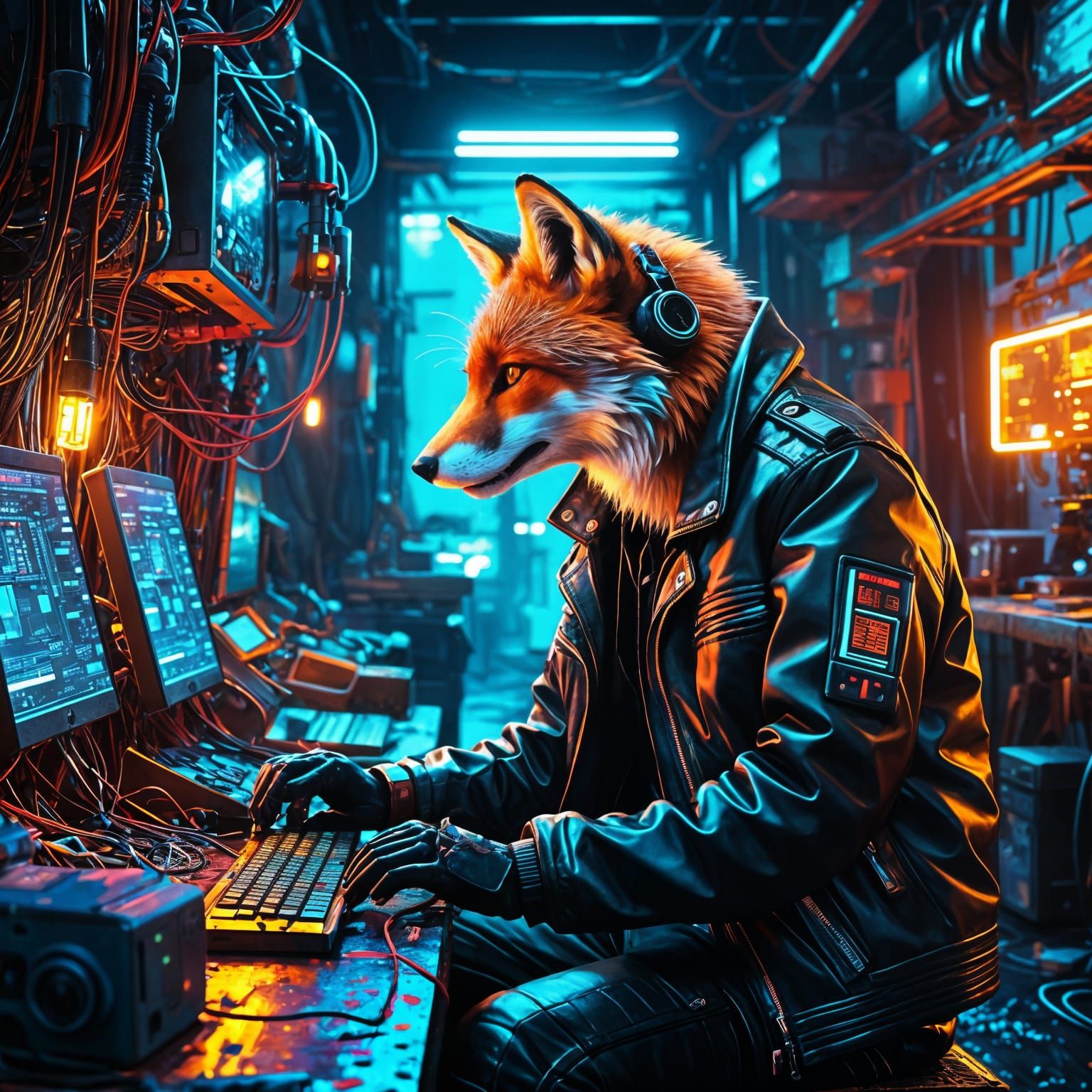 Cyberpunk Fox Building a Robot in Workshop