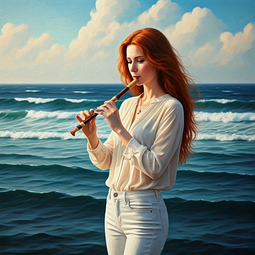 Woman with Flute by the Sea, Impressionistic Style