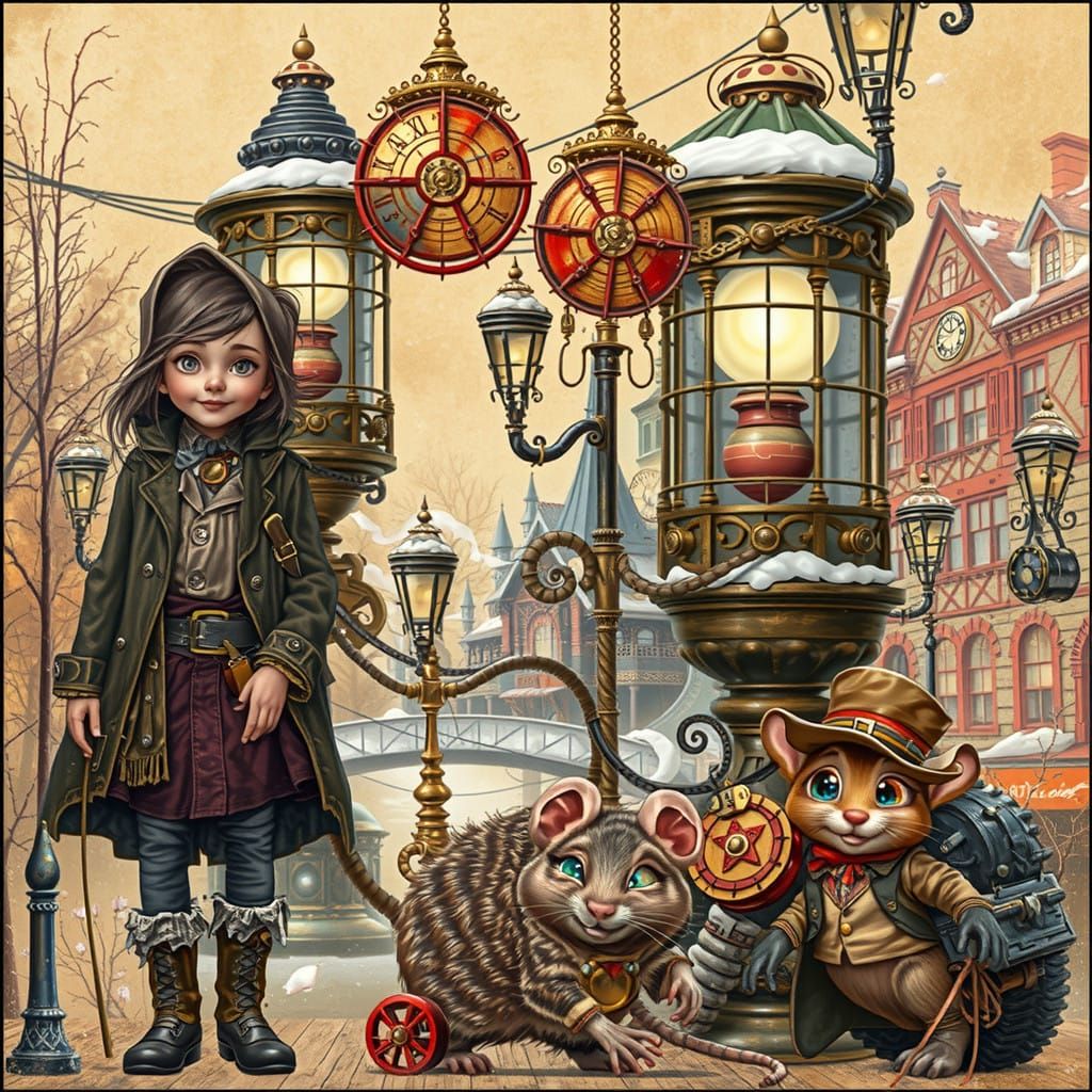 Steampunk urchin in Victorian-era attire, surrounded by gasl...