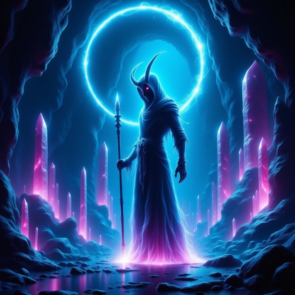 Bioluminescent Wraith Guarding a Crystal Cave