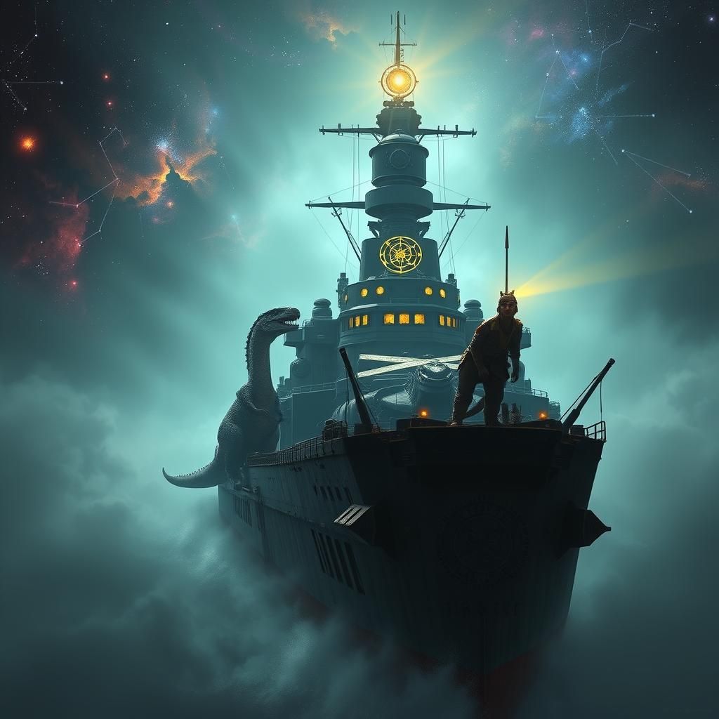 Dieselpunk Battleship Teleportation with Dinosaur Crew