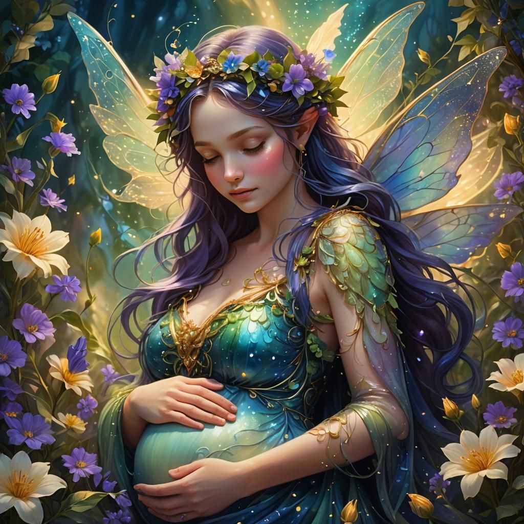 Pregnant Fairy in Floral Embrace: Fantasy Art