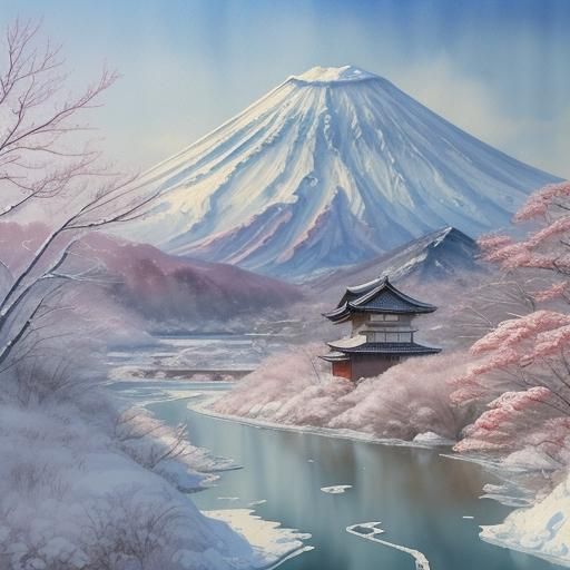 Icy Japanese Landscape in Gouache Watercolor Style