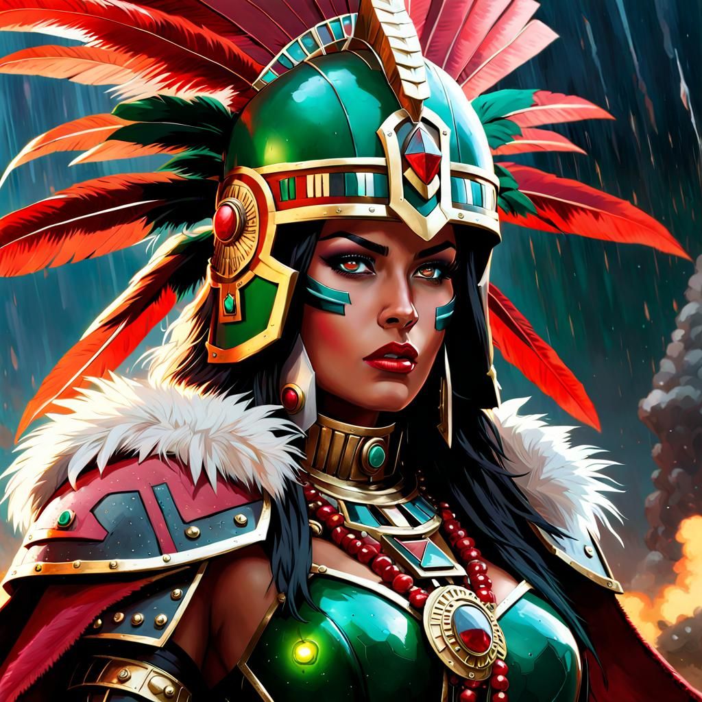 Space Marine Woman with Aztec Headdress in Grimdark Style