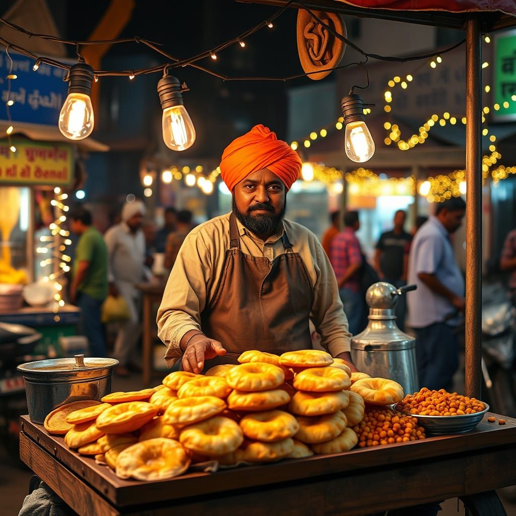 Vibrant Indian Street Food Vendor in Colorful Old Delhi Styl...