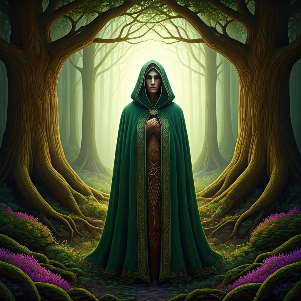 Celtic Deity in Emerald Cloak Amidst Ancient Forest