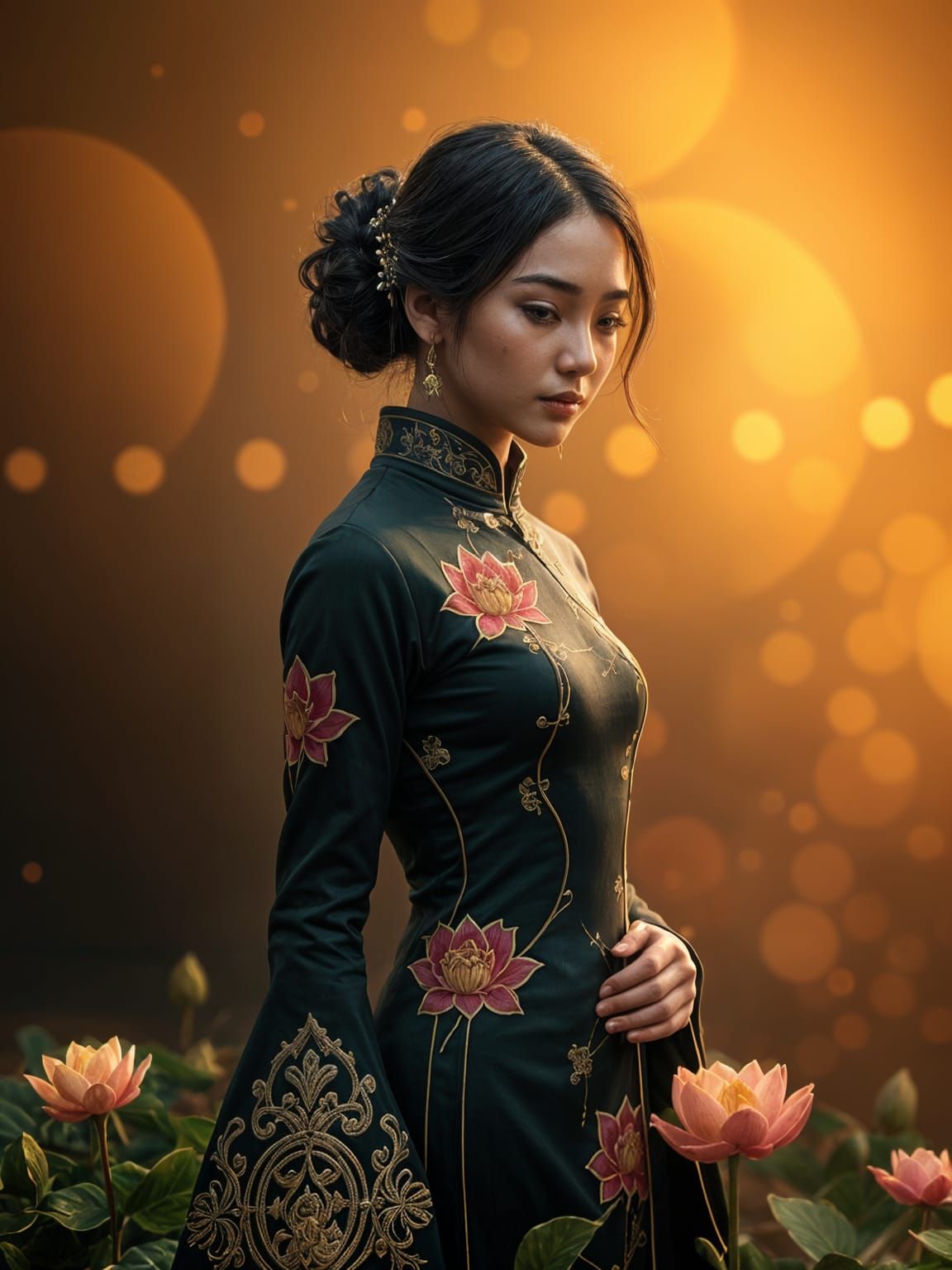 Vietnamese Ao Dai with Lotus Flowers in Digital Painting