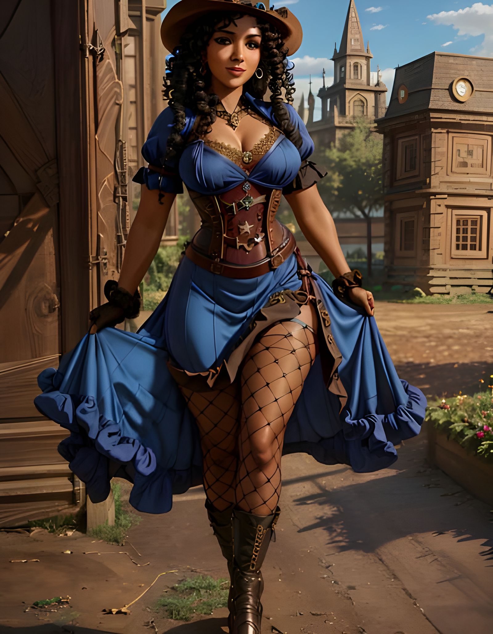 Steampunk Girl in Blue with Volumetric Lighting