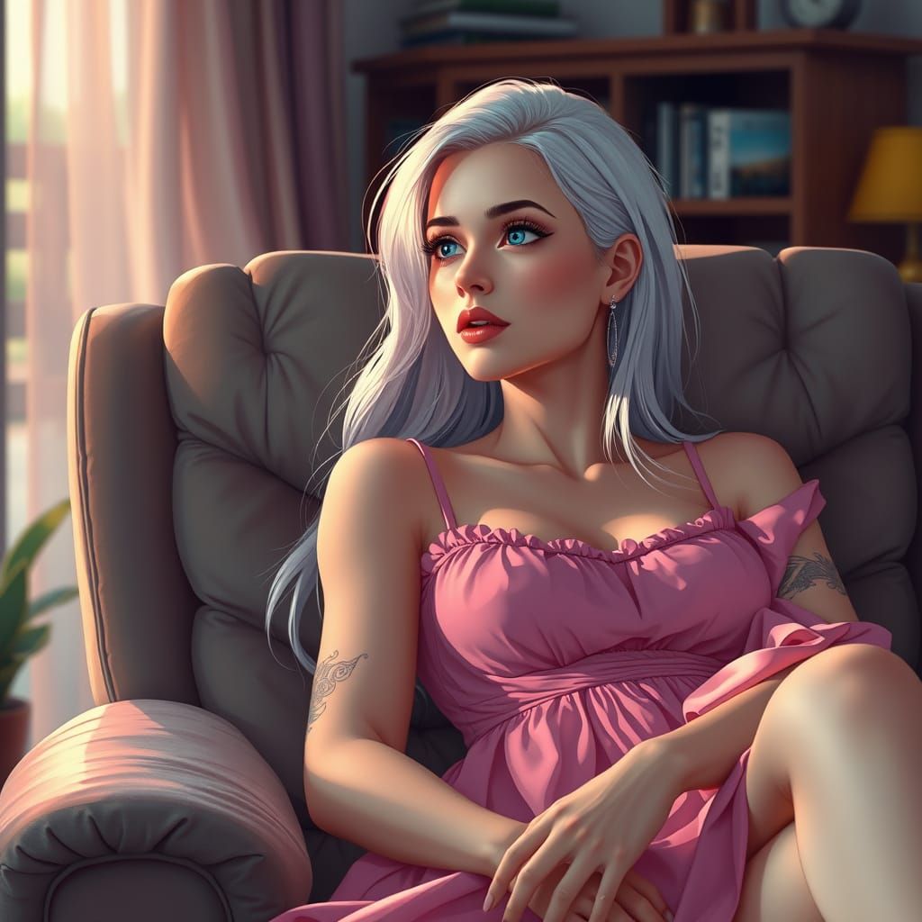 Ethereal Woman in Cozy Study, Inspired by Manhwa Art