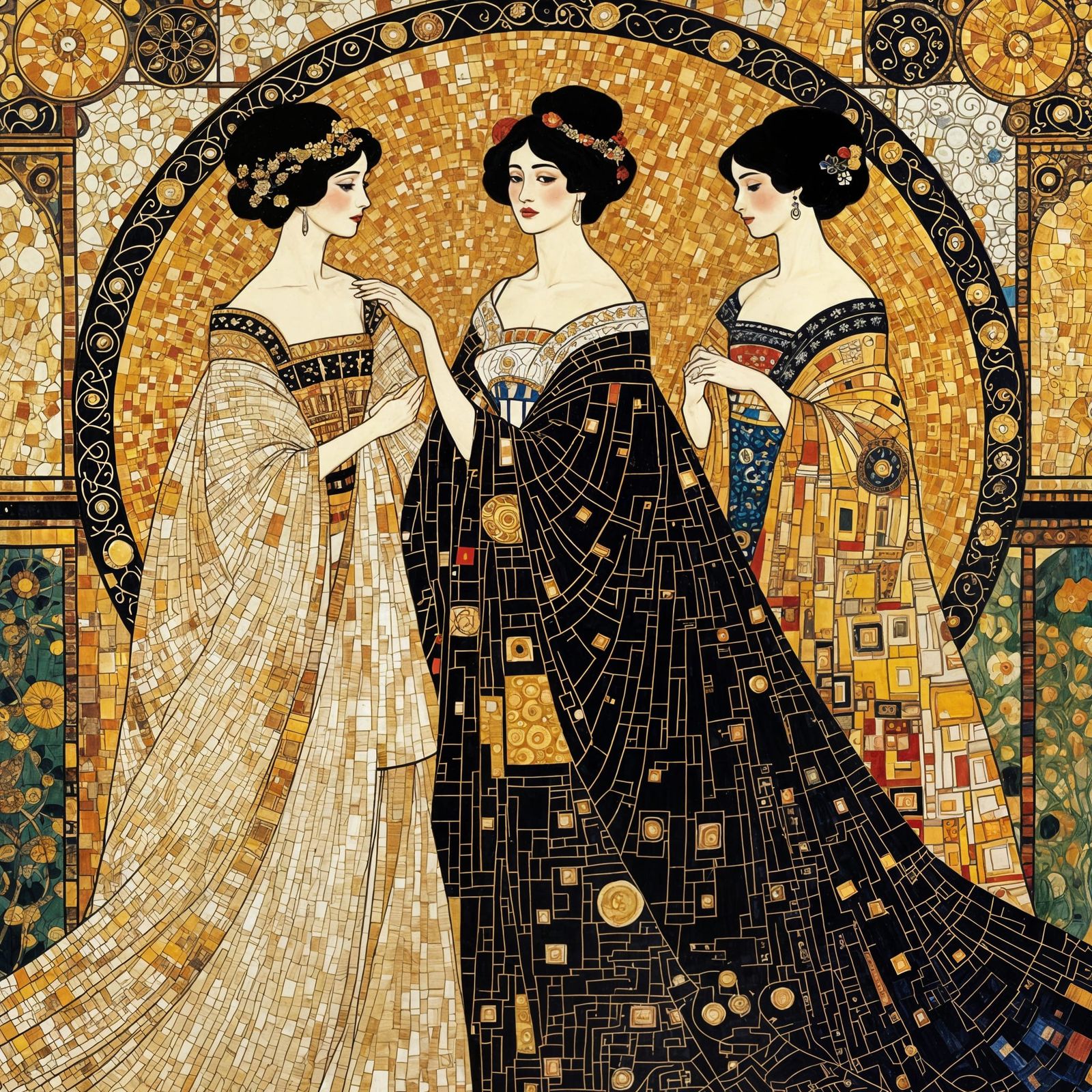 Women in Fabric Dresses in Art Nouveau Style