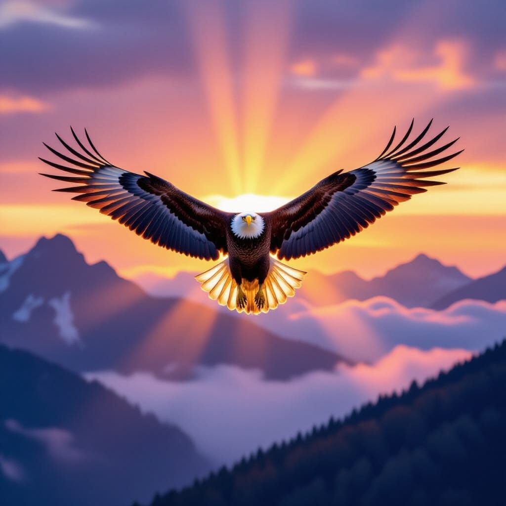 Majestic Eagle Soaring at Dawn Over Mountains