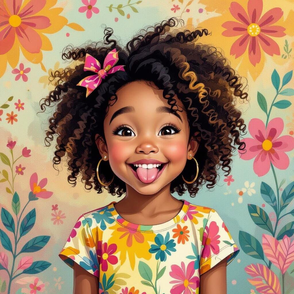 Whimsical Girl Winking with Curly Hair