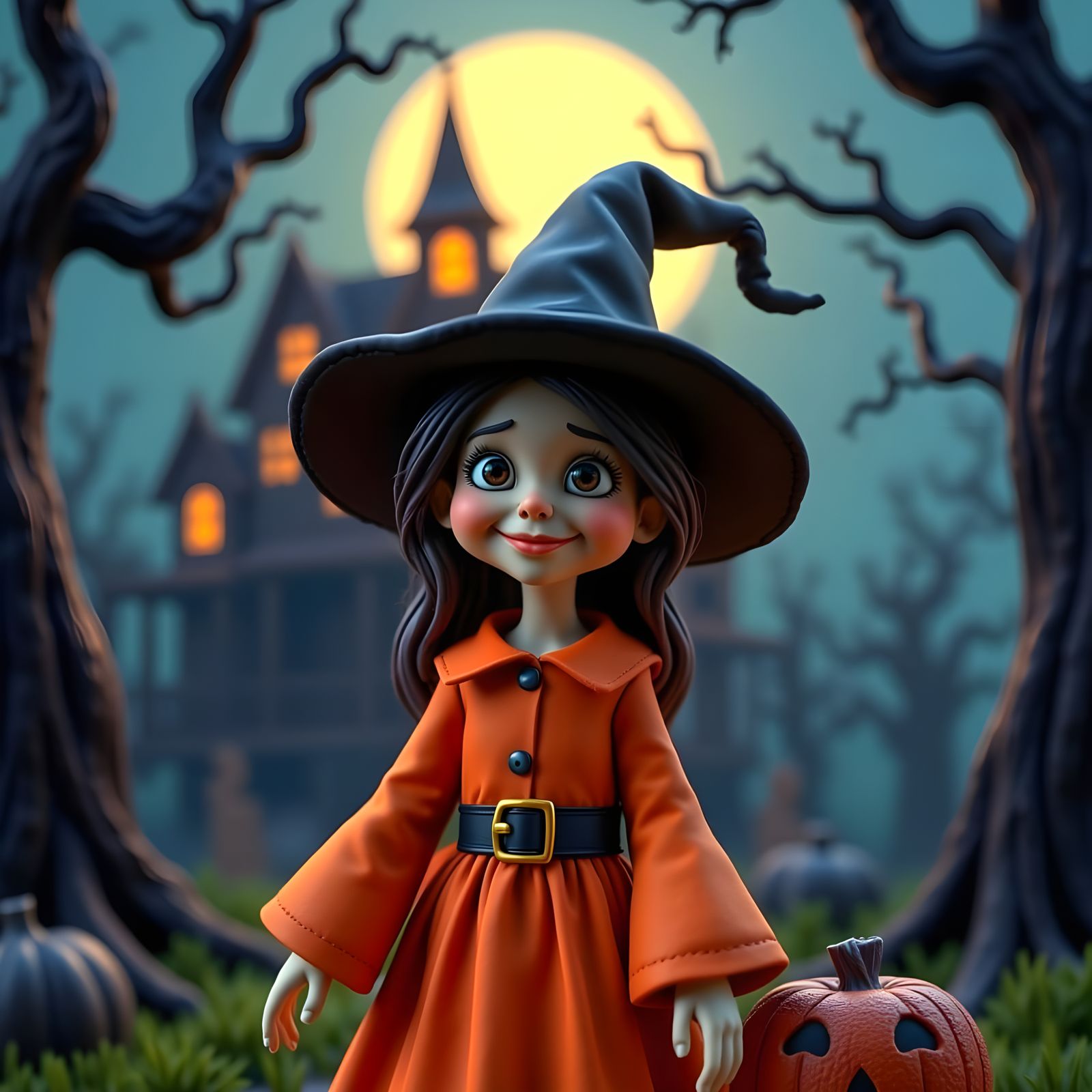 Charming Claymation Witch Girl on Halloween Night