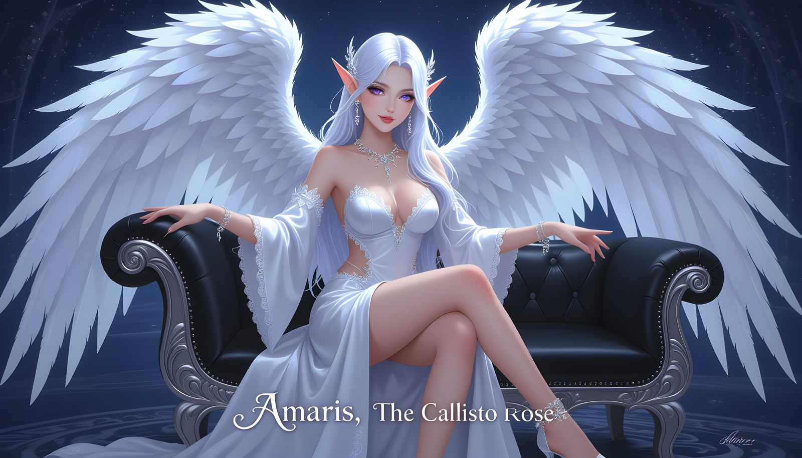 Elegant Angelic Elf with White Wings in Silver Gown