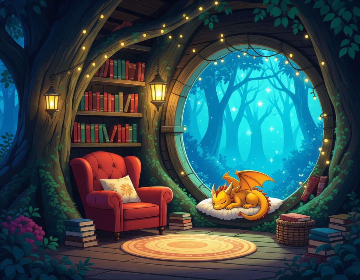 Cozy Treehouse Reading Nook with Sleeping Dragon