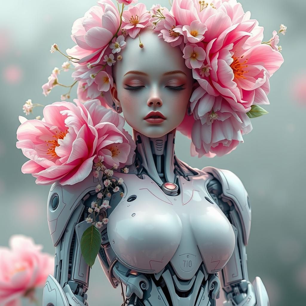 Cyborg Woman Adorned with Pastel Floral Arrangement