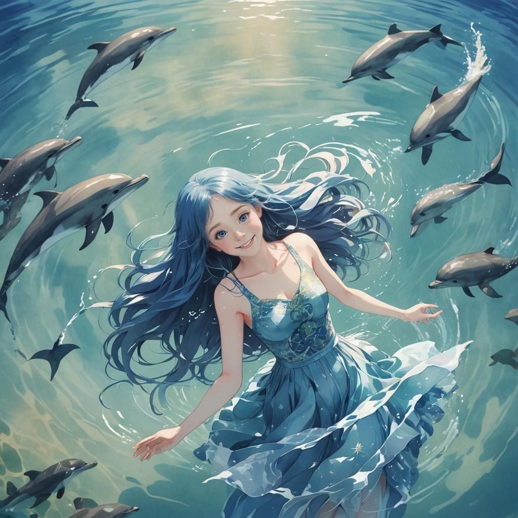 Girl with Dolphins in Studio Ghibli Style