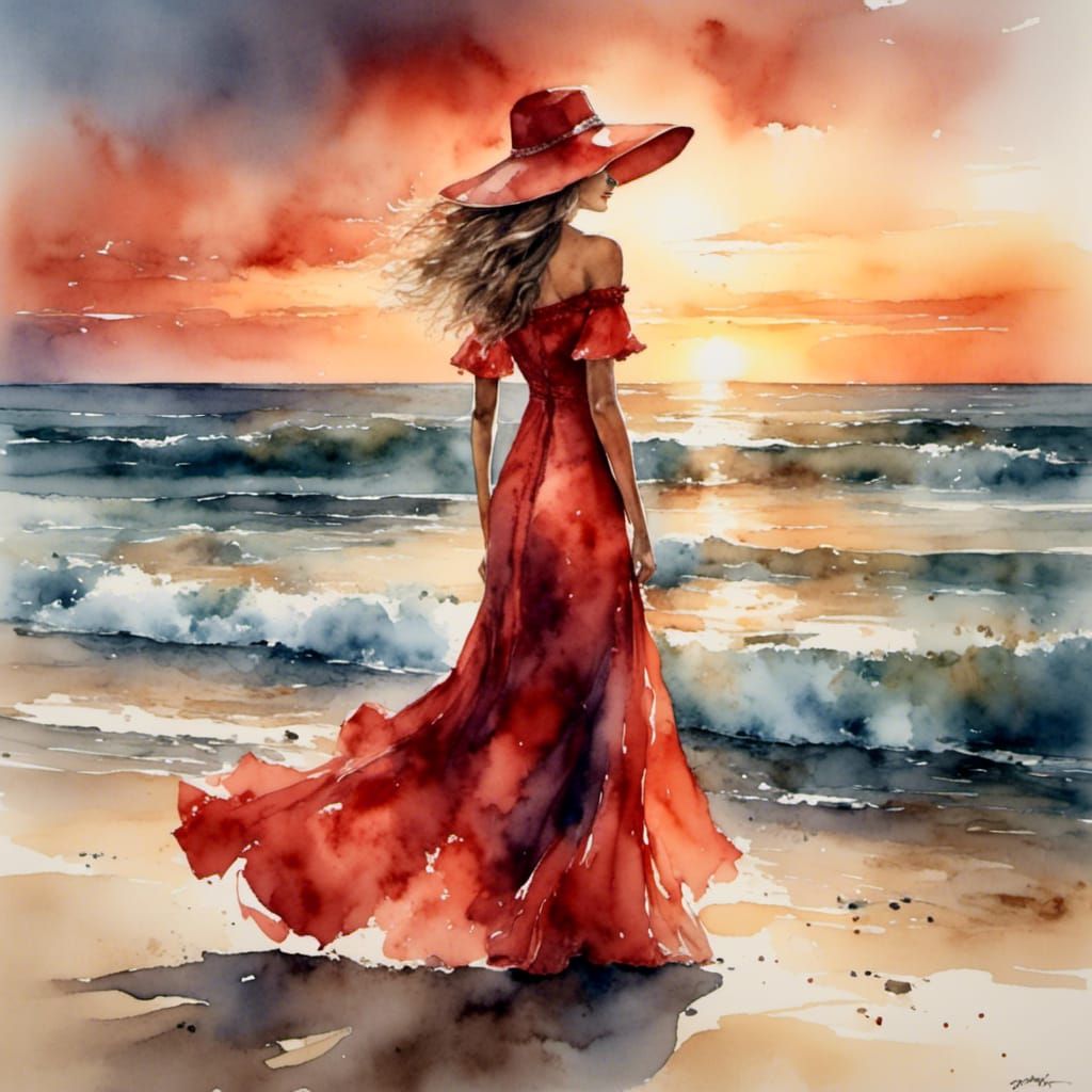 Airbrushed Woman in Red Dress at Sunset