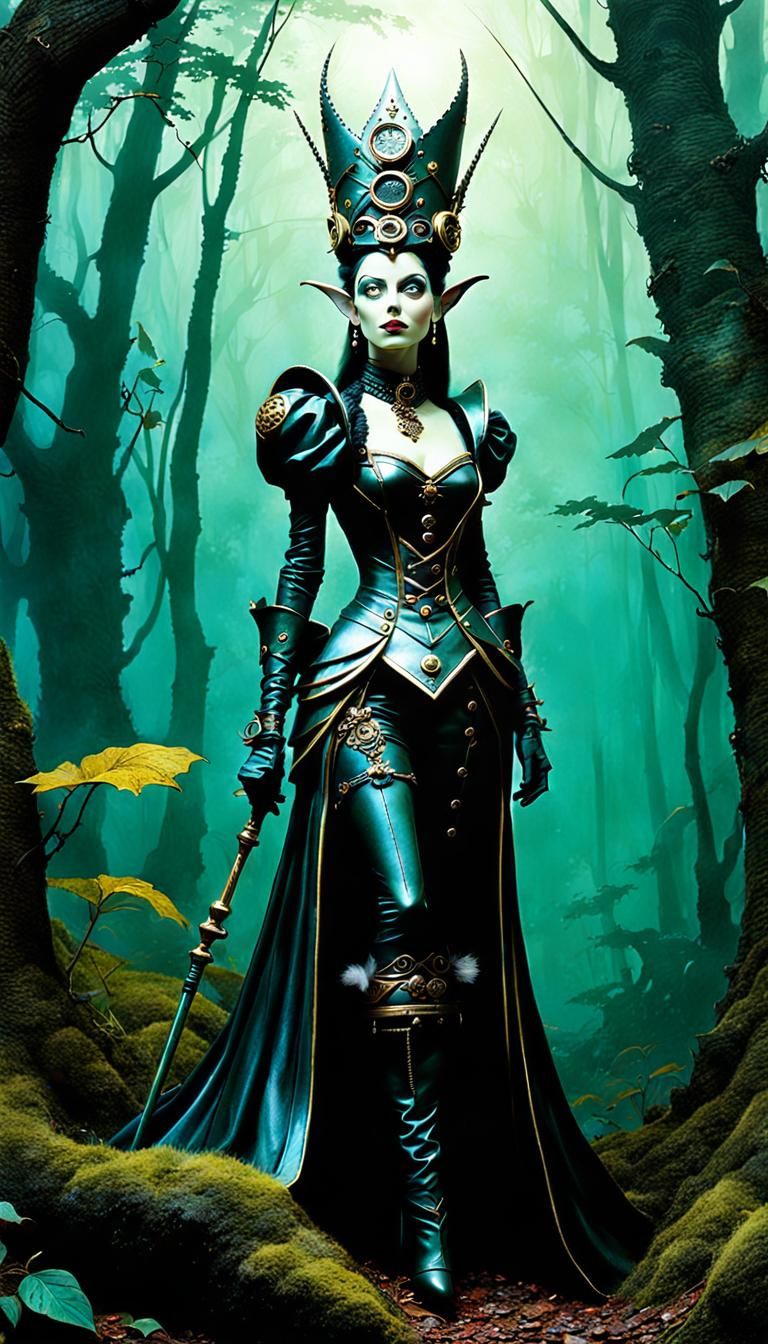 Elderly Elf Queen in Steampunk Twilight Forest