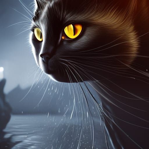 Black Cat Reflection: Detailed Matte Painting