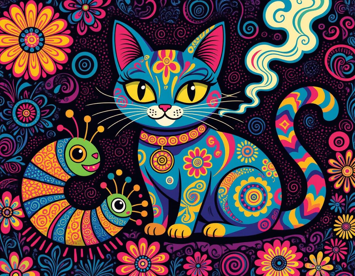 Psychedelic Evil Cat and Smoking Caterpillar Design