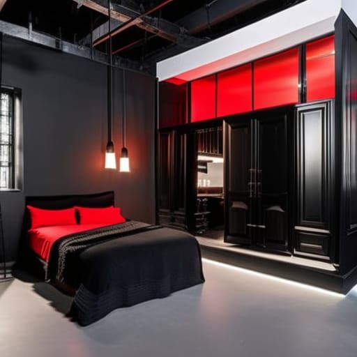 Gothic Dark fantasy loft Apartment with black and red walls& ethereal gothic windows& lots of lights& fully functional l...