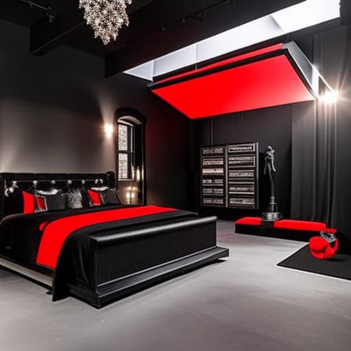 Gothic Dark fantasy loft Apartment with black and red walls& ethereal gothic windows& lots of lights& fully functional l...