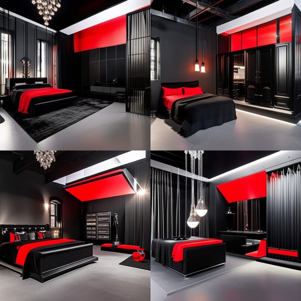 Gothic Dark fantasy loft Apartment with black and red walls& ethereal gothic windows& lots of lights& fully functional l...