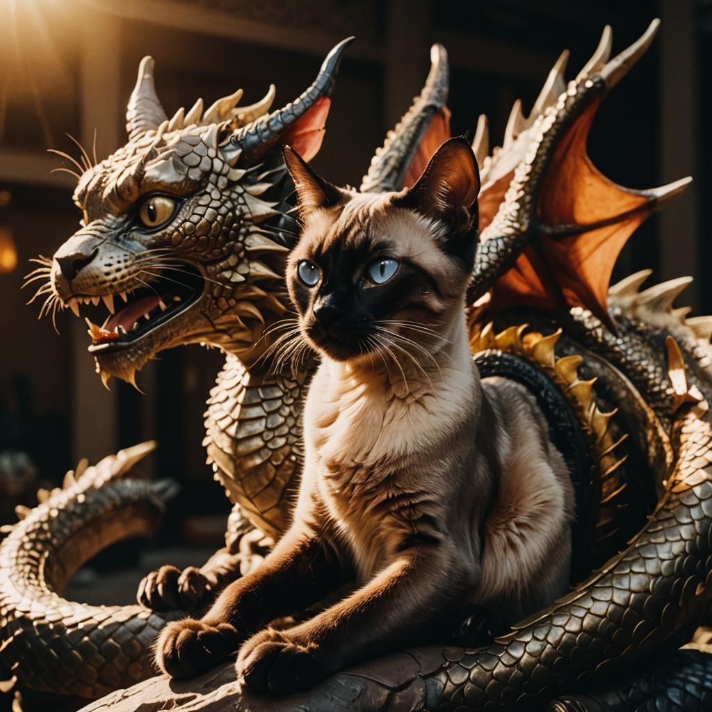 Siamese Cat on Dragon in Cinematic Lighting