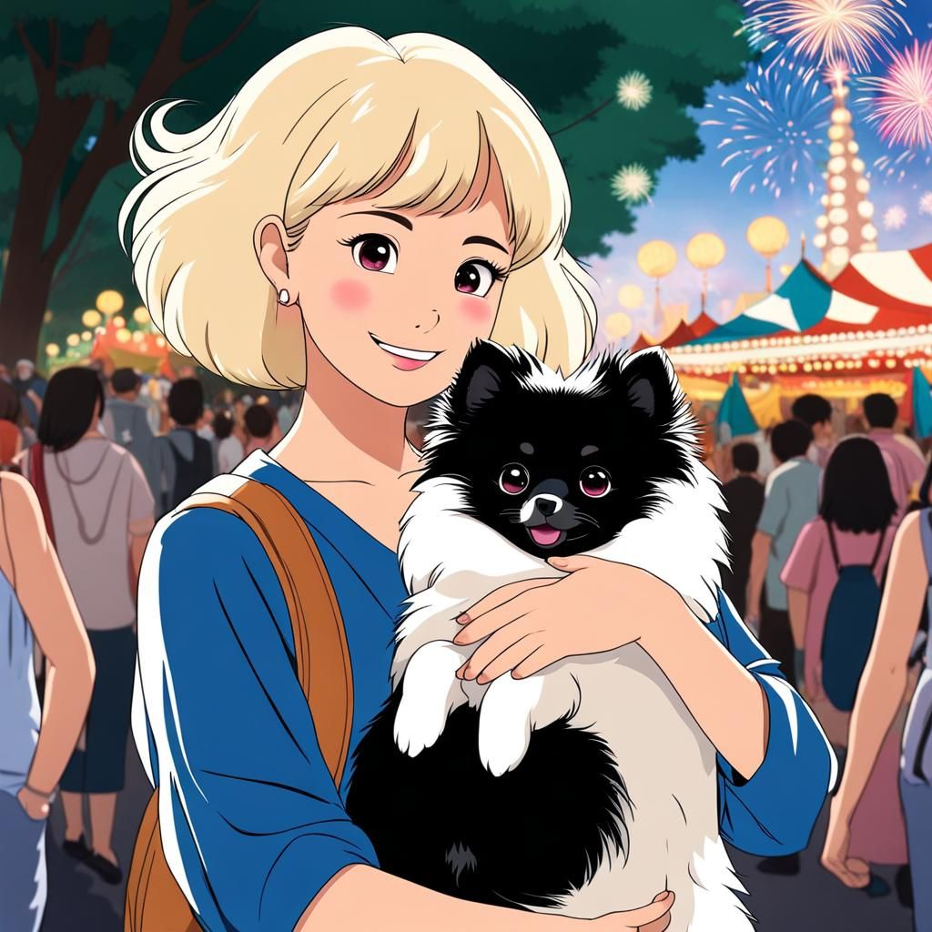 Pomeranian at Summer Festival in Ghibli Style