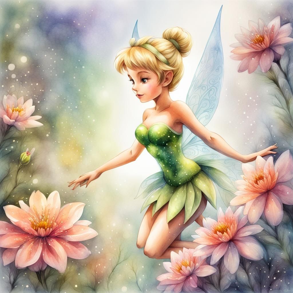 Tinker Bell Fairy in Watercolor with Gentle Glow